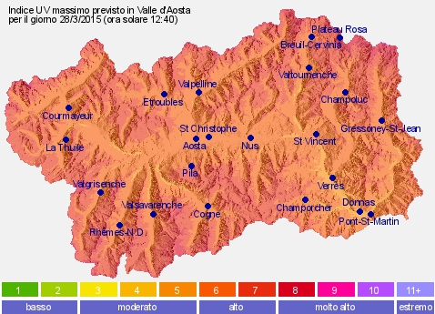 Mappa dell'indice UV sulla Valle d'Aosta