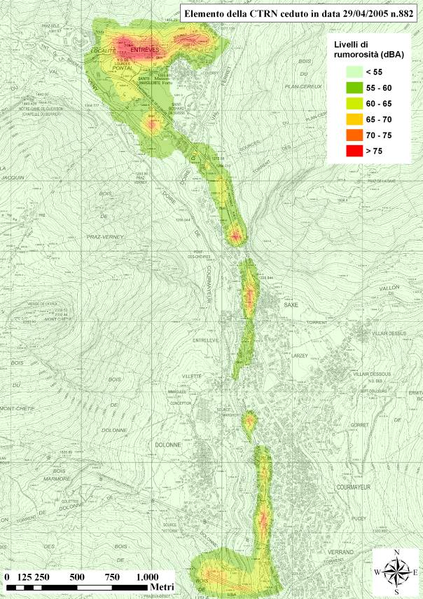 Comune di Courmayeur - Esempio di mappatura acustica del rumore stradale secondo il descrittoro Lden Comune di Courmayeur - Esempio di mappatura acustica del rumore stradale secondo il descrittoro Lden