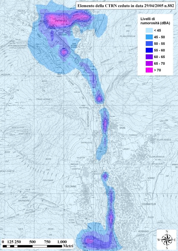 Comune di Courmayeur - Esempio di mappatura acustica del rumore stradale secondo il descrittoro Lnight Comune di Courmayeur - Esempio di mappatura acustica del rumore stradale secondo il descrittoro Lnight