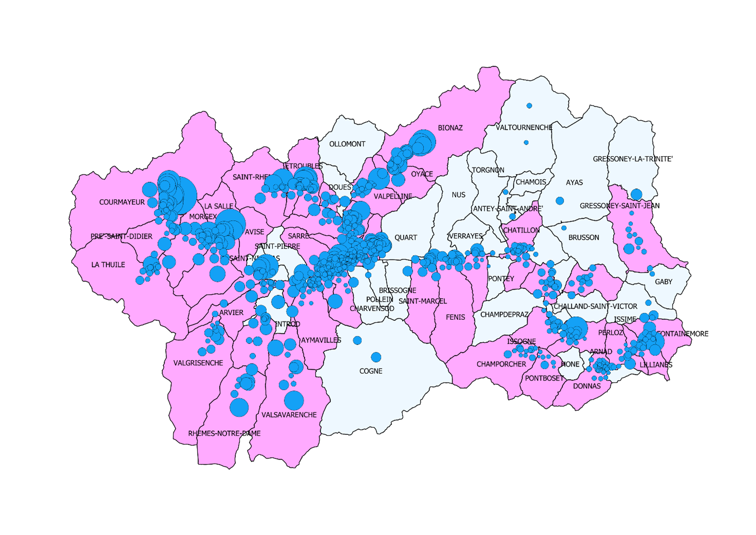 Mappa della Valle d’Aosta con i punti di misura radon nelle campagne comunali