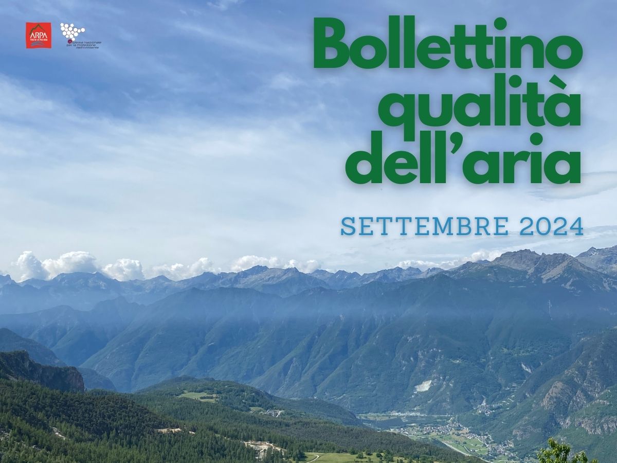immagine delle centraline di misura della qualità dell'aria di ARPA Valle d'Aosta con la scritta centrale che rimanda al bollettino di agosto 2024