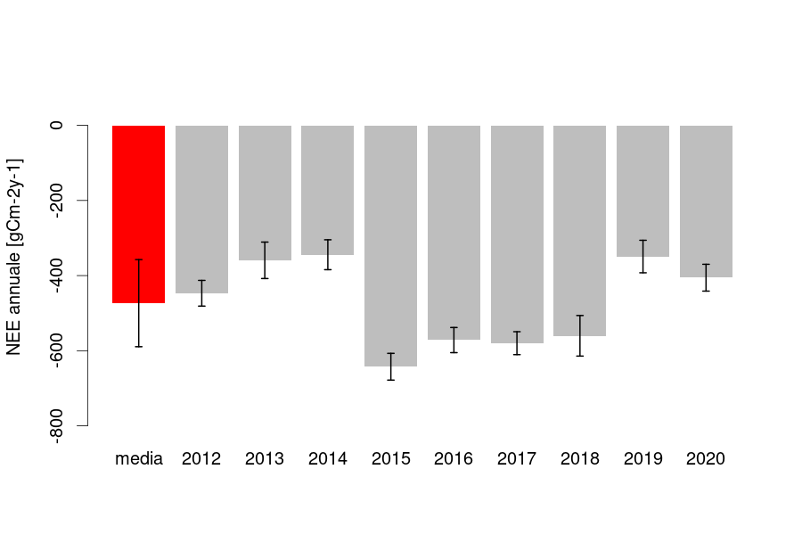 Il grafico presenta la quantità di carbonio assorbita ogni anno dal lariceto di Torgnon, grazie alla fotosintesi Il grafico presenta la quantità di carbonio assorbita ogni anno dal lariceto di Torgnon, grazie alla fotosintesi