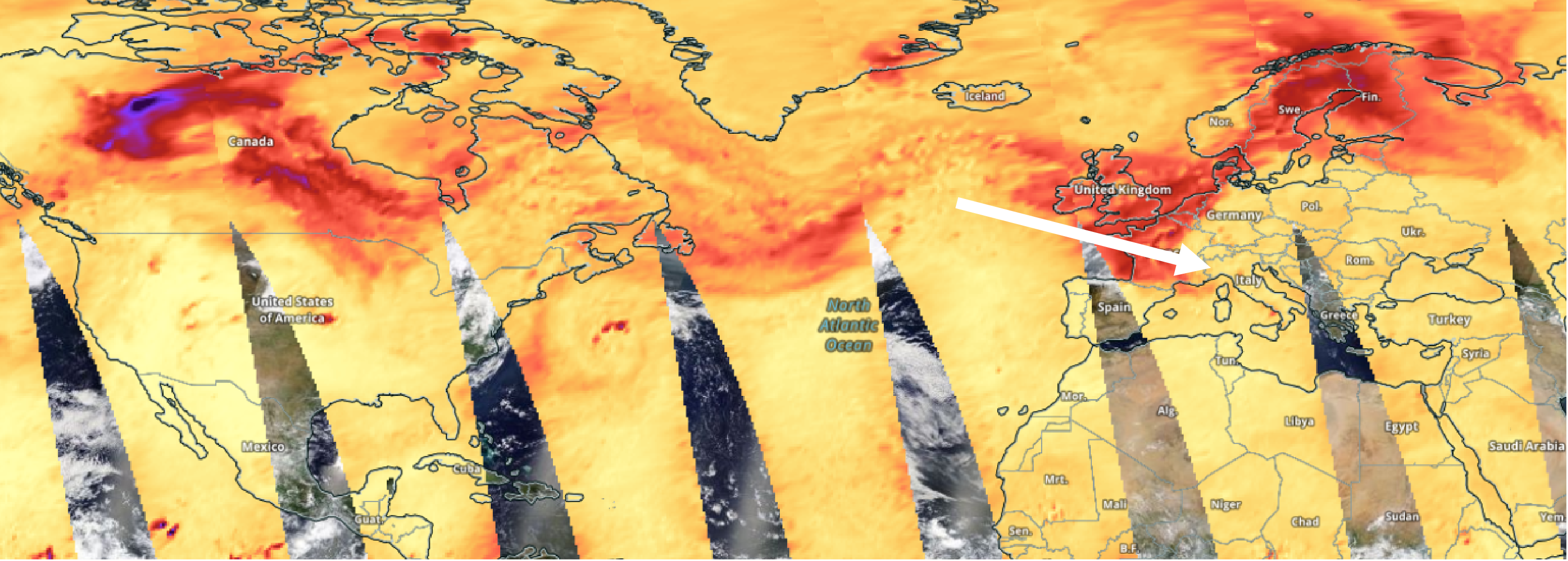 La mappa del pianeta mostra in rosso e viola le concentrazioni di monossido di carbonio, un gas prodotto dagli incendi, misurate dal satellite AIRS. L'arrivo della nube di fumo sopra la Valle d'Aosta è indicato con una freccia.