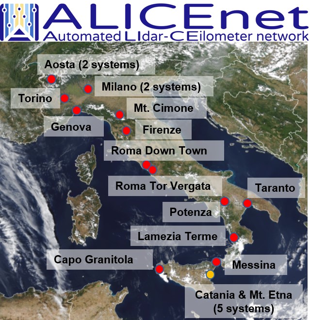 Cartina dell'Italia con evidenza della mappa della rete ALICEnet che mostra la distribuzione capillare delle sue stazioni di monitoraggio, che si estendono da nord a sud della penisola in ambienti molto diversi.