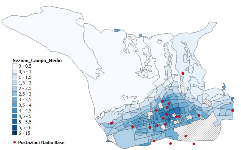 mappa della zona di Aosta nella quale si sono concentrati gli studi su esposizione a RF, sulla sinistra la legenda che spiega con i colori più intensi una maggiore esposizione derivante dalle simulazioni