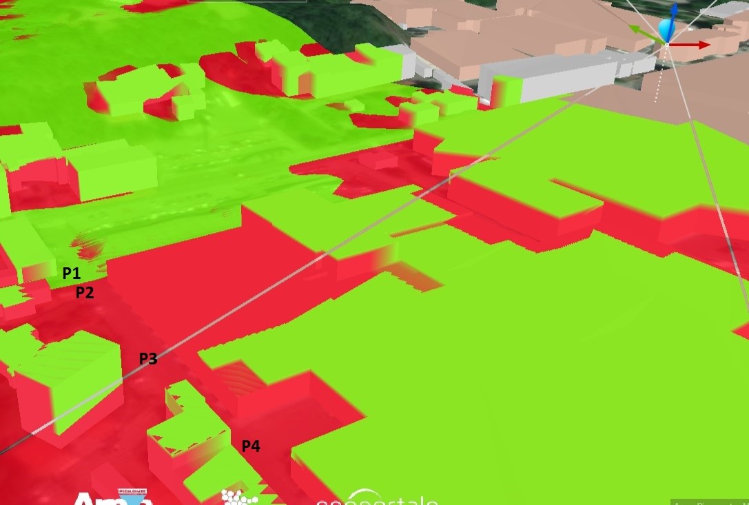 mappa delle misure effettuate partendo dal sito di misura rispetto alle antenne: un solo punto su quattro si trova in piena linea di vista