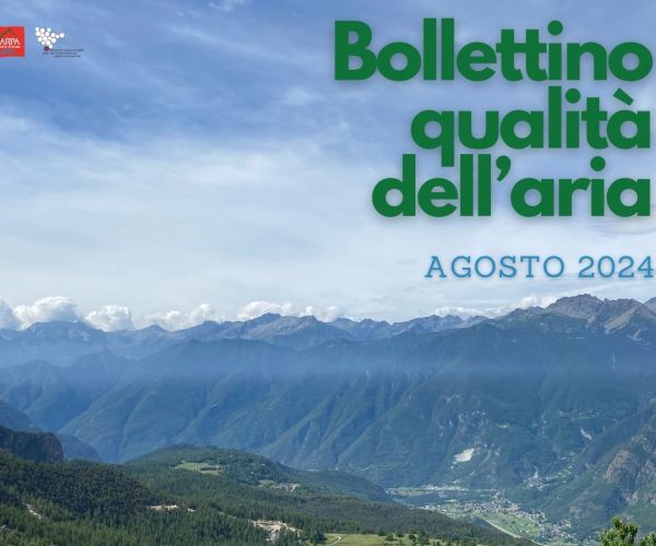 immagine delle centraline di misura della qualità dell'aria di ARPA Valle d'Aosta con la scritta centrale che rimanda al bollettino di agosto 2024