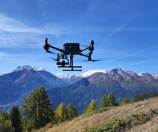 drone che vola, in secondo piano montagne, prato e alberi in primo piano, cielo azzurro.