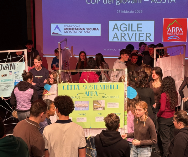 ragazzi e ragazze, esperti, docenti che si confrontano davanti a diversi poster in una sala conferenze