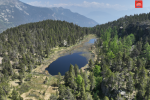 immagine aerea dalla quale si vedono alberi, lago, zona umida circostante, montagne e nuvole e cielo sullo sfondo