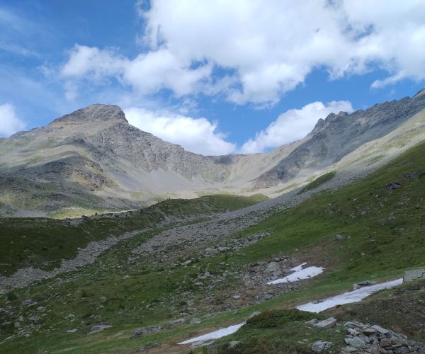 Vallone di Sort - del Parco Nazionale del Gran Paradiso, in Comune di Rhêmes-Notre-Dame. Erba in primo piano e chiazze di neve, territorio montano, pendenza, montagne in secondo piano, nuvole in cielo