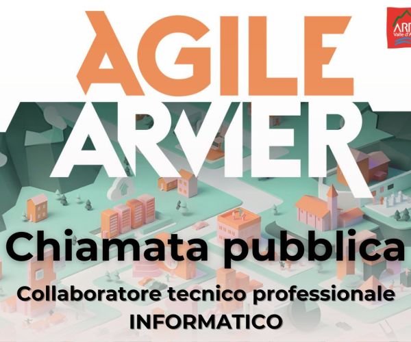 immagine che richiama la grafica del progetto pnrr agile arvier, con una città creata con IA sullo sfondo e in primo piano la scritta Chiamata pubblica , collaboratore tecnico professionale informatico