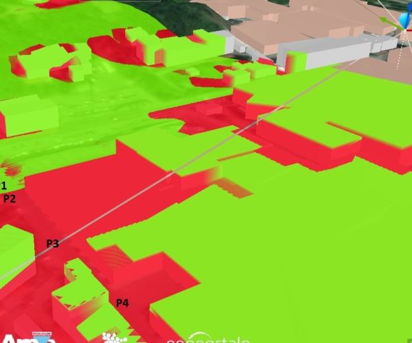 mappa delle misure effettuate partendo dal sito di misura rispetto alle antenne: un solo punto su quattro si trova in piena linea di vista