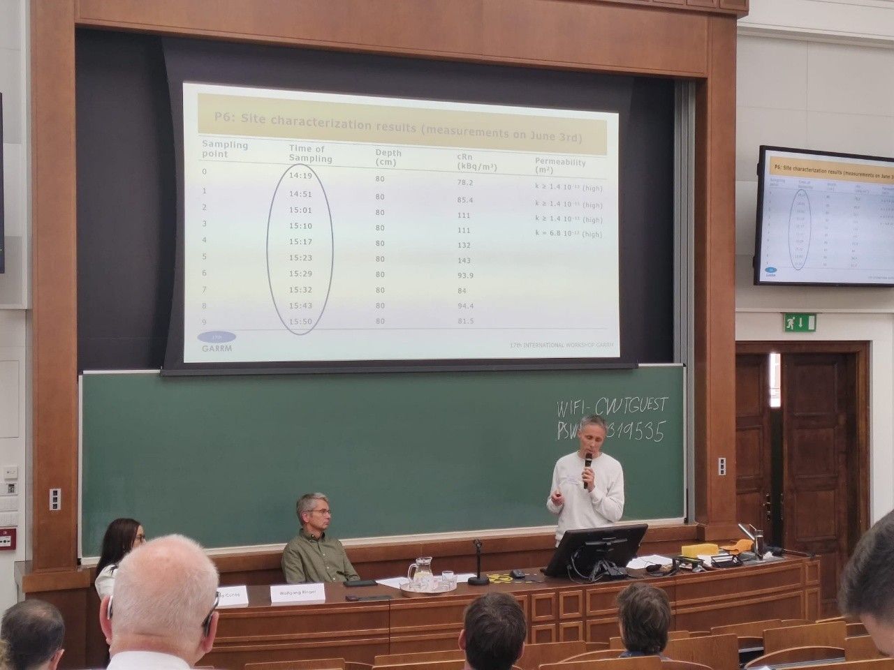 persone che ascoltano sedute in un'aula universitaria un uomo che parla di uno studio scientifico riguardante il radon