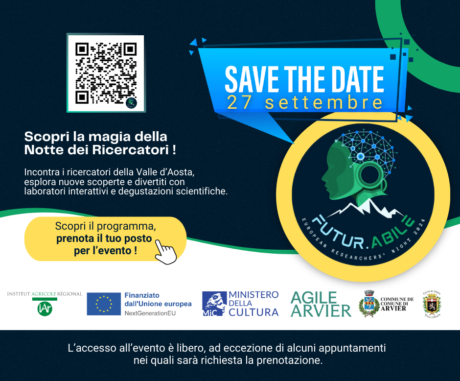 locandina dell'Evento Notte dei ricercatori, nella quale è indicata la data del 27 settembre e il QR code al quale leggere il programma