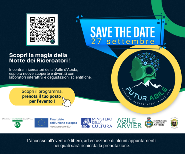 locandina dell'Evento Notte dei ricercatori, nella quale è indicata la data del 27 settembre e il QR code al quale leggere il programma