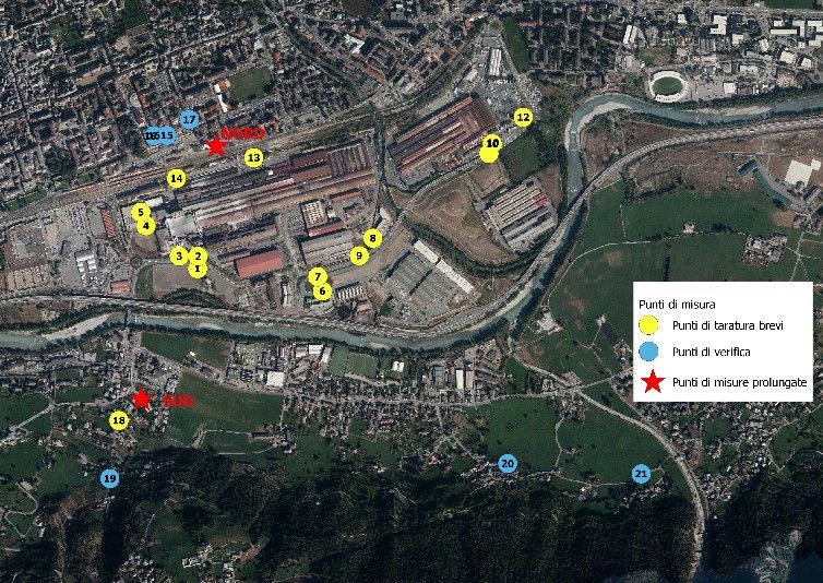 Area oggetto di studio: complesso siderurgico, edificato circostante e punti di rilievo fonometrico.