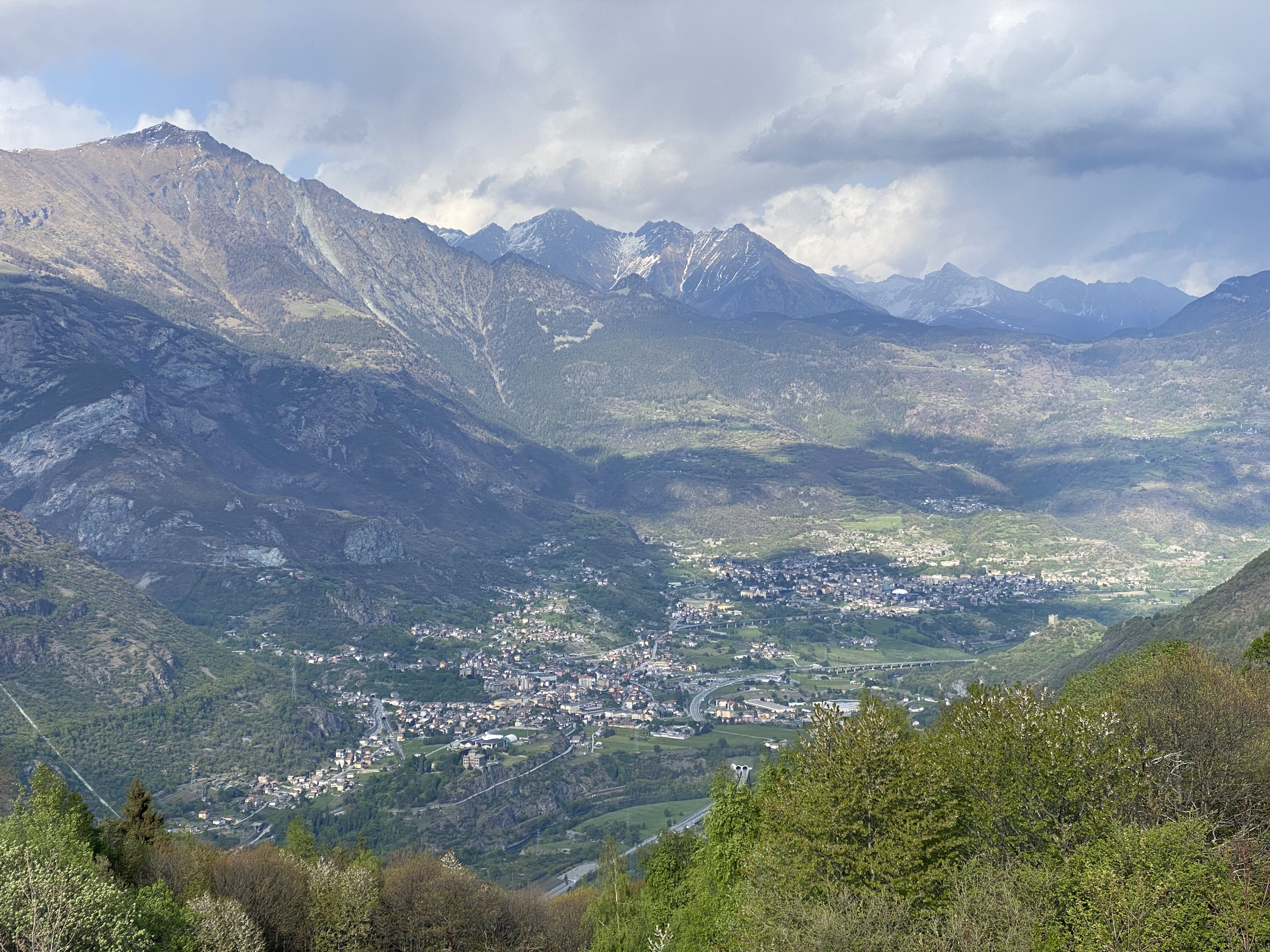 Piana di Chatillon: in primo piano piante e arbusti, la piana e in secondo piano le montagne. Il cielo è nuvoloso, ma c'è il sole